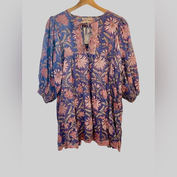 Marea by Liz Joy Casita Cotton Block Floral 3/4 Sleeve Tie Split Neck Mini Dress - Picture 4 of 8